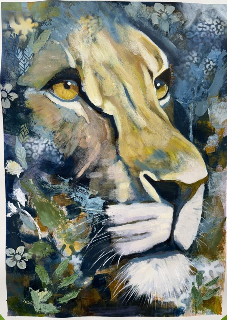 An abstracted lioness peering from the jungle.