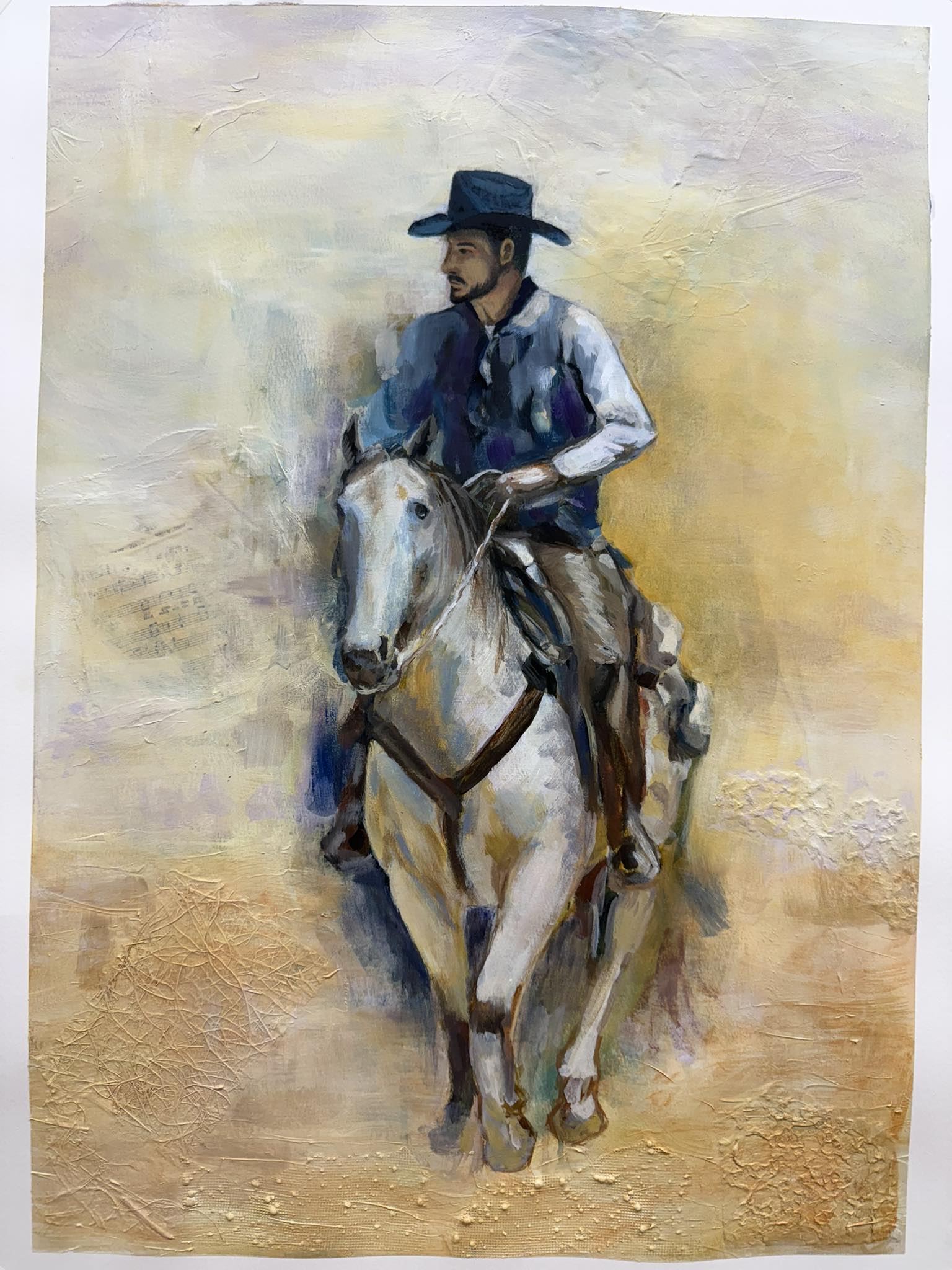 A bearded cowboy in a black hat, riding his white horse.